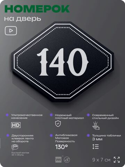 Номерок на дверь квартиры 140, для кабинета, офиса, шильдик 9 х 7 см, черный, Айдентика Технолоджи