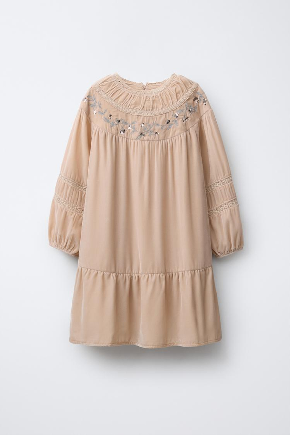 ZARA БАРХАТНОЕ ПЛАТЬЕ С КРУЖЕВОМ И ПАЙЕТКАМИ, БЕЖЕВЫЙ