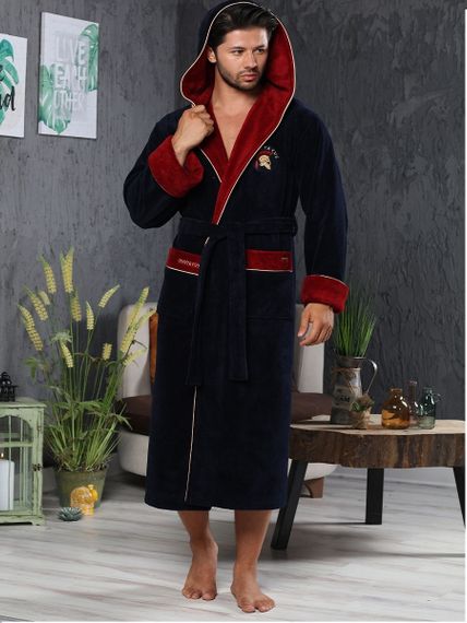 Халат мужской  бамбуковый с капюшоном 2865 синий  Nusa Турция.