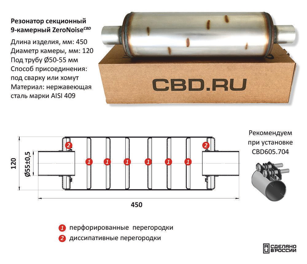 Резонатор ZeroNoise под трубу D55 Нержавеющий AISI 409 CBD512106