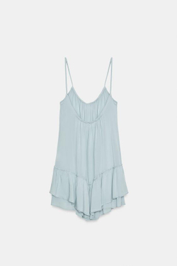 ZARA СВОБОДНОЕ МИНИ-ПЛАТЬЕ С ВОЛАНАМИ, ГОЛУБОЙ