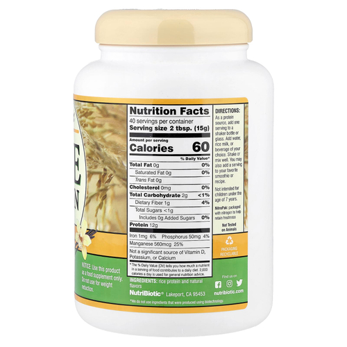 NutriBiotic, необработанный рисовый протеин, ваниль, 600 г (1 фунт 5,16 унции)