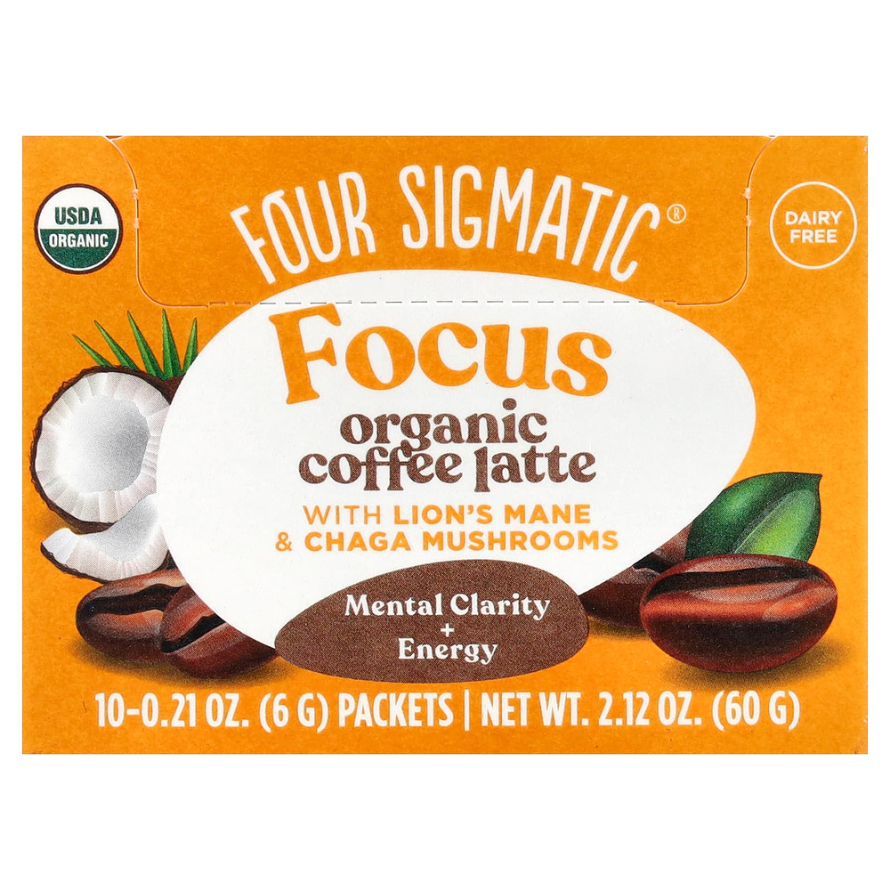Four Sigmatic, Focus, органический кофе латте с ежовиком гребенчатым и грибами чага, 10 пакетиков по 6 г (0,21 унции)