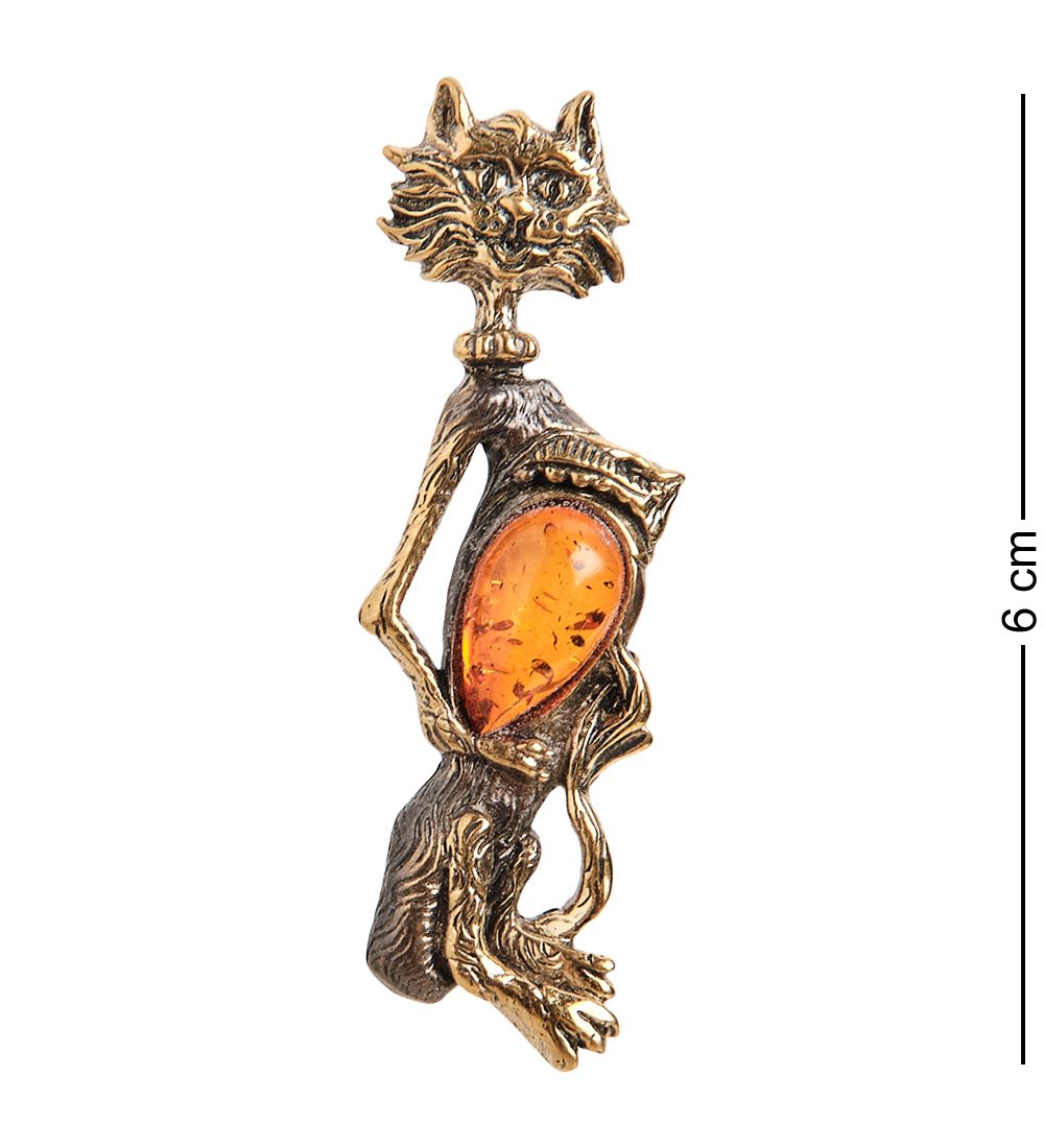 AM- 913 Брошь «Кошечка жеманная» (латунь, янтарь)