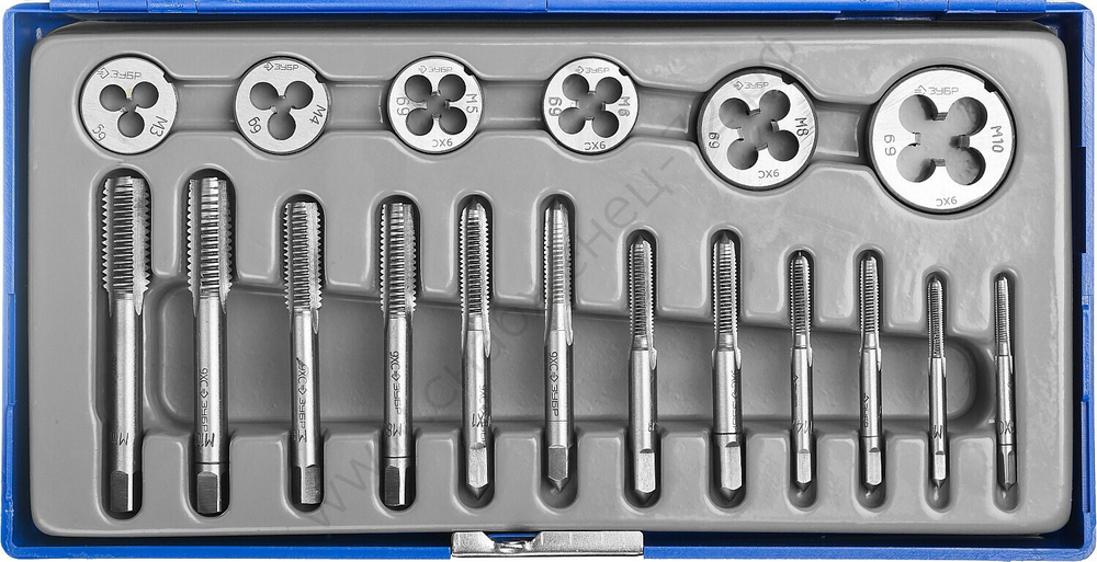 ЗУБР 18 предм., сталь 9ХС, Набор метчиков и плашек в пластиковом боксе (28120-H18)