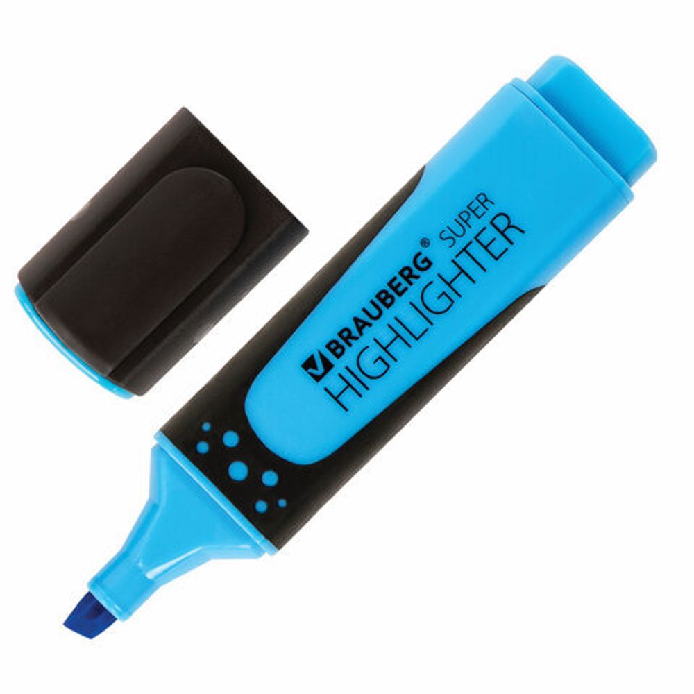 Текстовыделитель BRAUBERG "SUPER", ГОЛУБОЙ, прорезиненный корпус, линия 1-5 мм, 151742