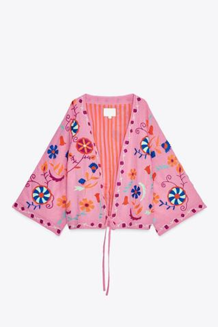 ZARA КАФТАН С ВЫШИВКОЙ, РОЗОВЫЙ