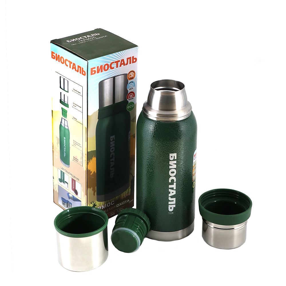 Термос &quot;Биосталь-ОХОТА&quot; с узкой горловиной, 2 чашки, 1,0 л/12/