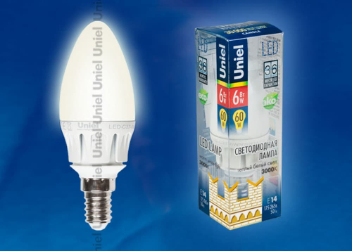 LED-C37-6W/WW/E14/FR ALM01WH Лампа светодиодная. Форма свеча, матовая колба. Материал корпуса алюминий. Цвет свечения теплый белый. Серия Merli. Упа