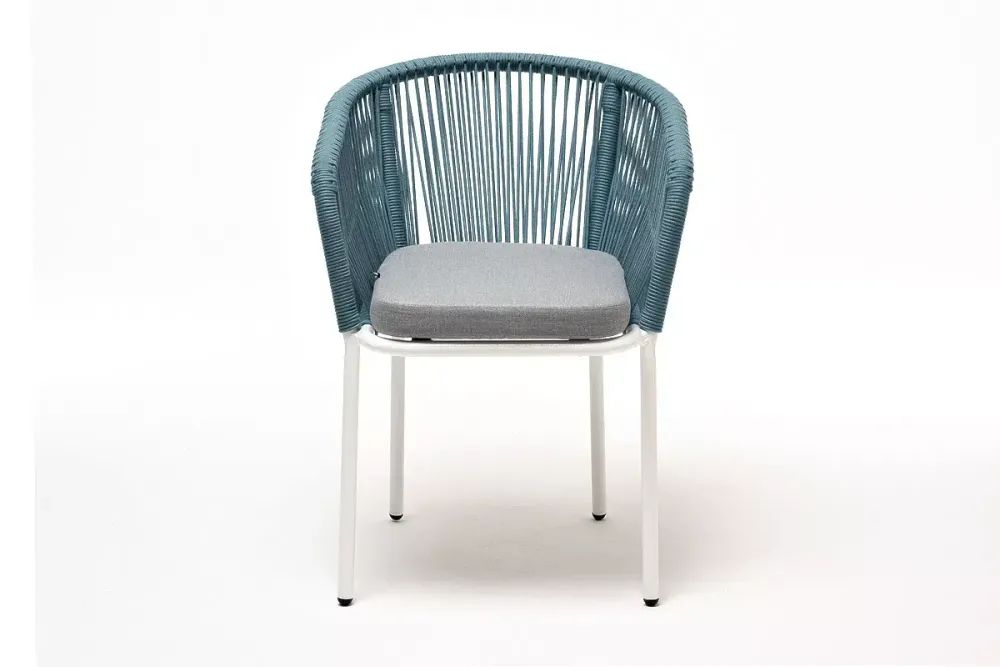 "Марсель" стул плетеный из роупа, каркас алюминий светло-серый (RAL7035) муар, роуп бирюзовый круглый, ткань светло-серая