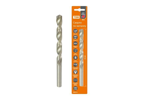 Сверло по металлу, 10 мм, полир., HSS, класс точн. В, 118⁰, цилиндр. хв., бл "Рубин" TDM