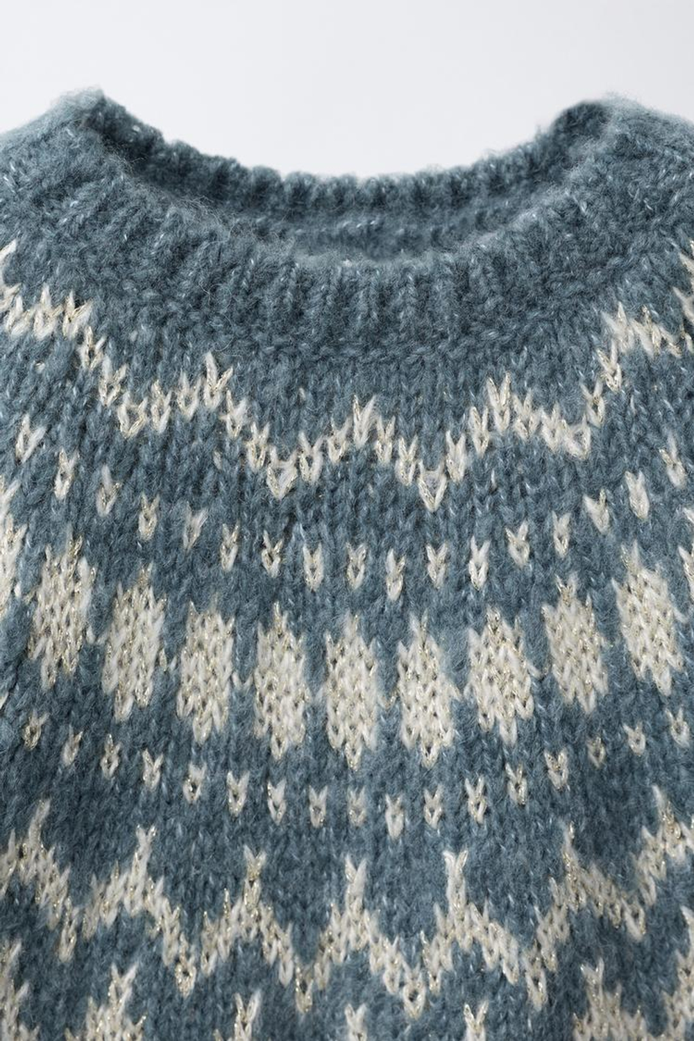 ZARA ЖАККАРДОВЫЙ СВИТЕР С БЛЕСКОМ, УТИНО-СИНИЙ