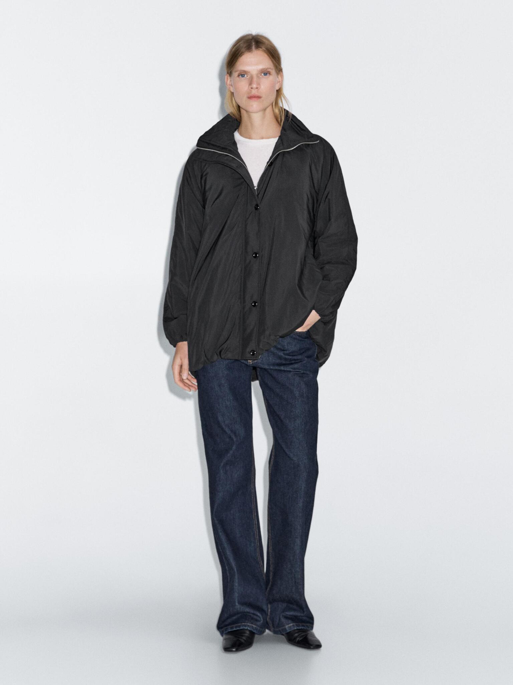 Massimo Dutti Непромокаемая стеганая парка с высоким воротником, черный