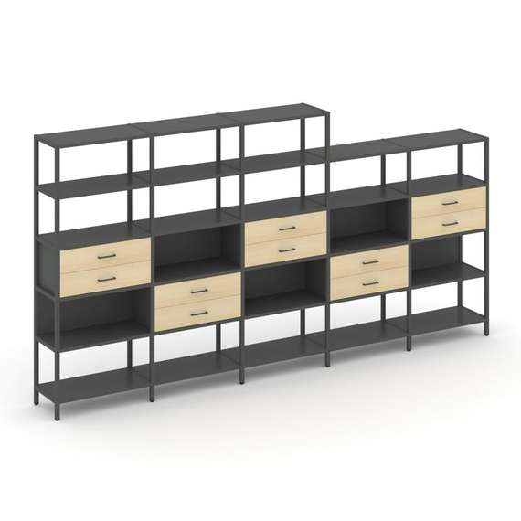 Shelf System Пятисекционный стеллаж пятиярусный с ящиками SN.STM-551 Антрацит/Акация Лорка/Металл Ан