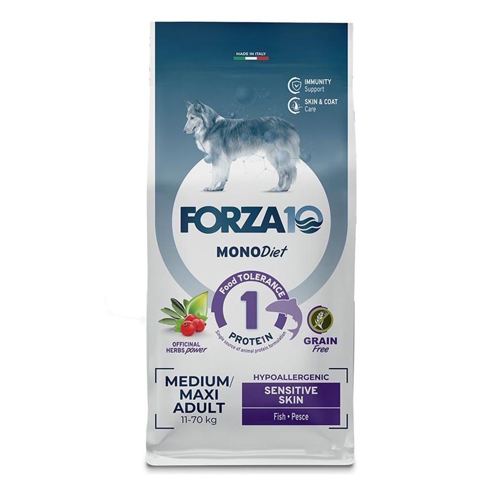 Сухой беззлаковый монобелковый корм Forza 10 MonoDIET Sensitive Skin Adult M/L для взрослых собак средних и крупных пород с чувствительной кожей и шерстью