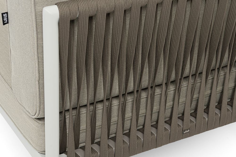 "Касабланка" угловой модуль плетеный из роупа, каркас алюминий светло-серый (RAL7035) муар, роуп серо-коричневый 23мм, ткань бежевая 15052