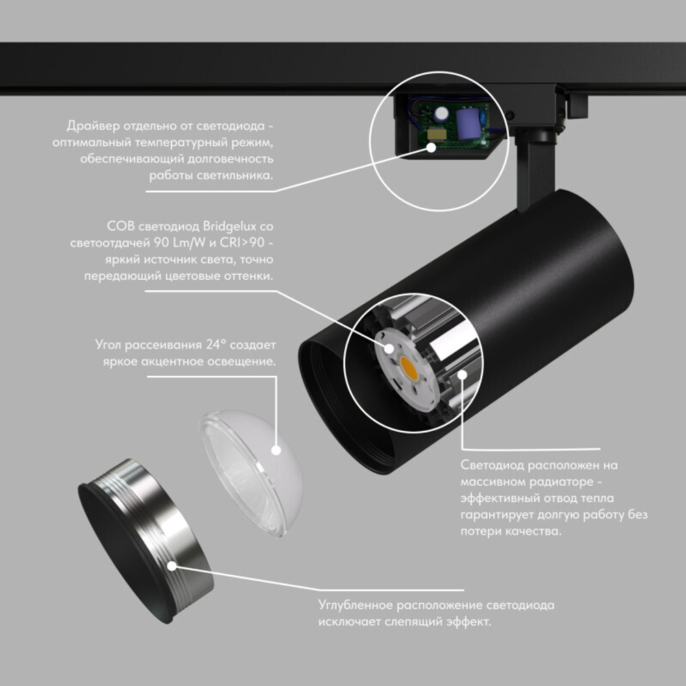 DK6454-BK Трековый светильник SOLID KOPER, 145мм, d70, 220V, LED 4000K, 24W, IP20, черный, алюминий