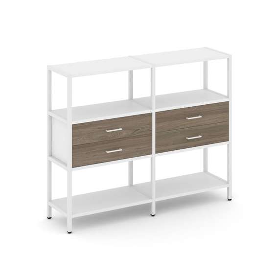 Shelf System Двухсекционный стеллаж трехярусный с ящиками SN.STM-322 Белый/Вяз Благородный/Металл Бе