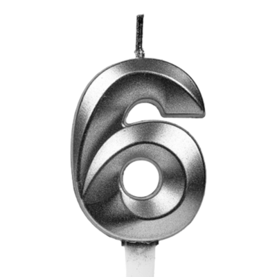 Свечи для торта, цифра 6 (серебро, 5 см)