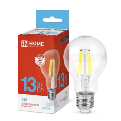 Лампа светодиодная LED-A60-deco 13Вт 230В Е27 6500К ХОЛОДНЫЙ 1370Лм прозрачная IN HOME