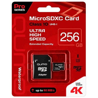 Карта памяти Qumo 256Gb QM256GMICSDXC10U3 90/70 МБ/с UHS-I U3, Pro seria 3.0 с адаптером SD