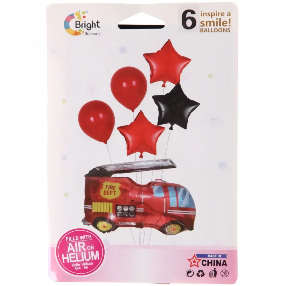 Воздушные шары 6 шт, «Пожарная машина» (74см - Машина, 45см,12»/24см)