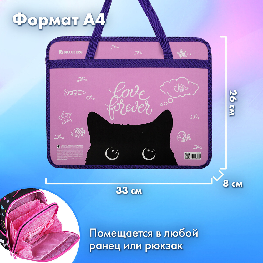 Папка на молнии с ручками BRAUBERG А4 1 отделение пластик 80 мм "Black Cat" (3 штуки в упаковке)