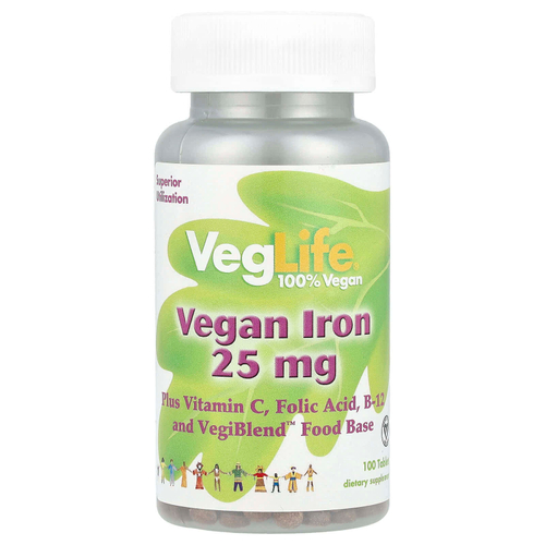 VegLife, Железо растительного происхождения, 25 мг, 100 таблеток