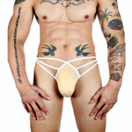 Бежевые сексуальные трусы-стринги на тонких белых бретелях (Размер: L) (Цвет: бежевый с белым)