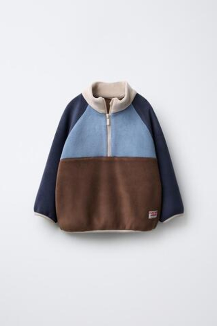 ZARA ТОЛСТОВКА ИЗ ПОЛАРФЛИСА В СТИЛЕ КОЛОР-БЛОК С НАШИВКОЙ, МОРСКОЙ СИНИЙ