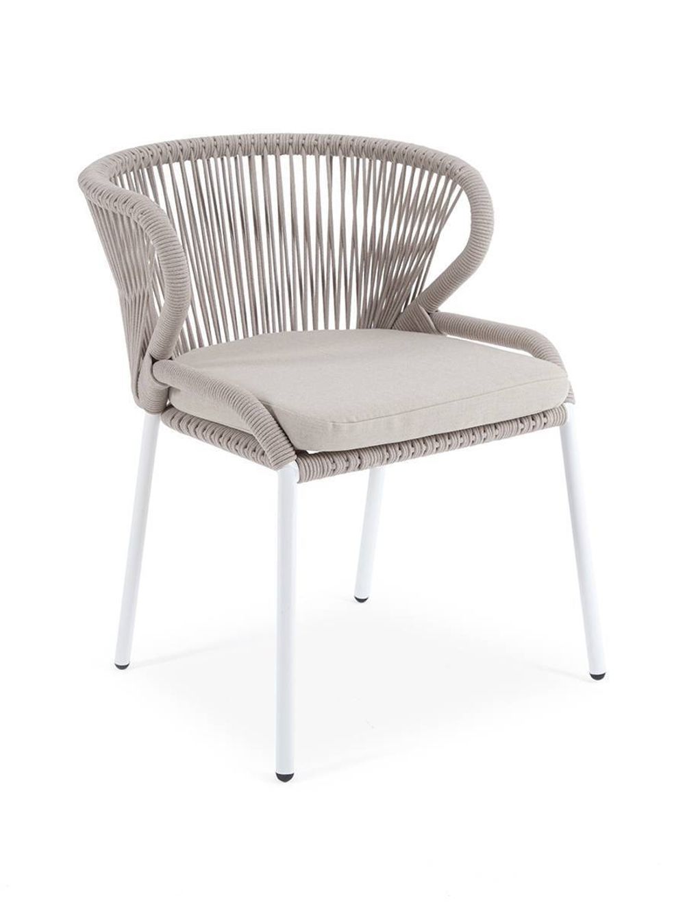 "Милан" стул плетеный из роупа, каркас алюминий белый муар, роуп бежевый круглый, ткань бежевая 035