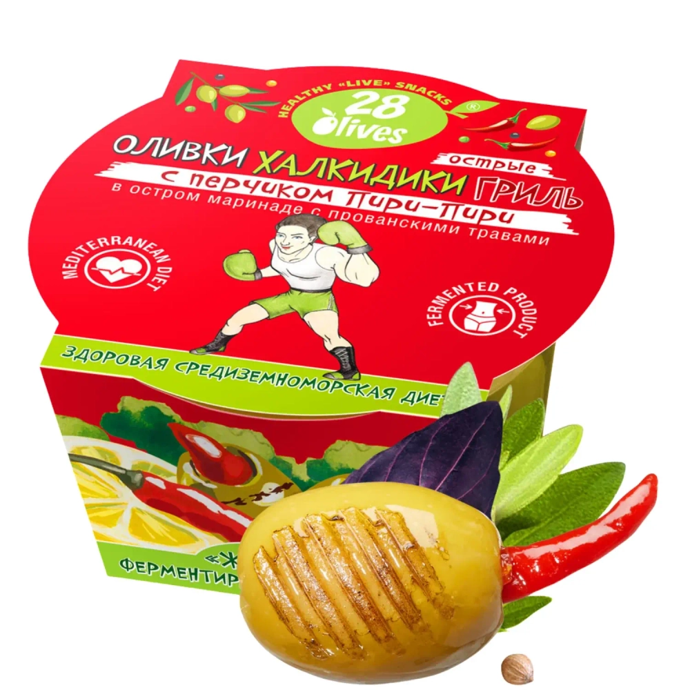 Оливки Халкидики ГРИЛЬ с перчиком Пири-Пири в маринаде с прованскими травами 28Olives, 150 г, упаковка с оливкой
