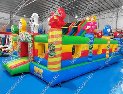 Надувной батут «Звериный мир» с горкой и аркой,с сеткой на входе 7*5*4,2 м