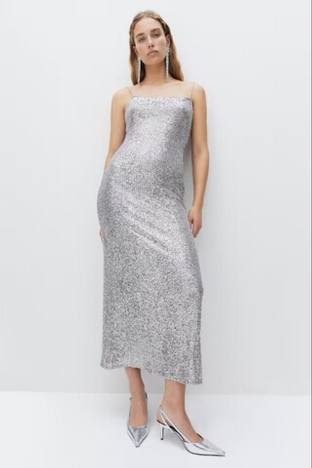 H&M ПЛАТЬЕ НА ТОНКИХ БРЕТЕЛЯХ, СЕРЕБРИСТЫЙ