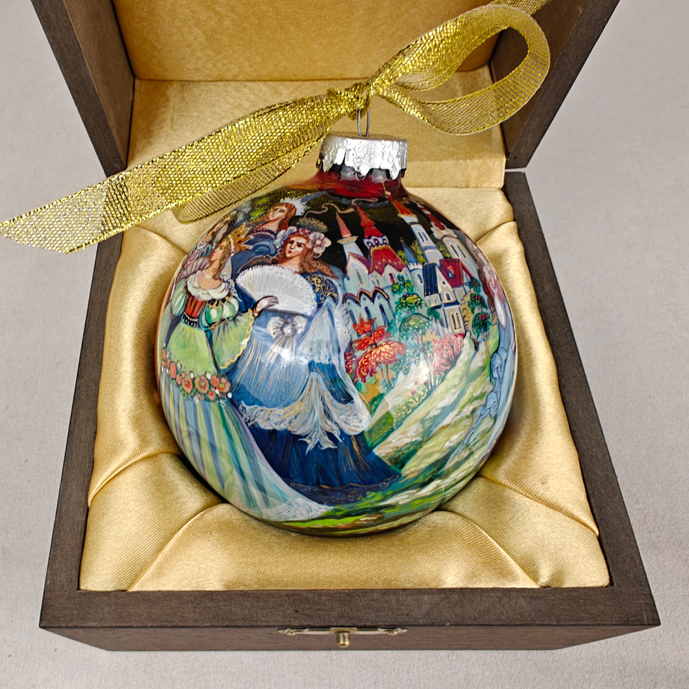 Шар новогодний с круговой росписью Палех "Золушка" в футляре