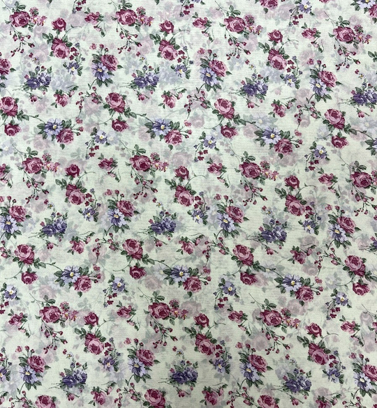 Шифон принт, розочки розовые/сиреневый на зеленом Моналиса