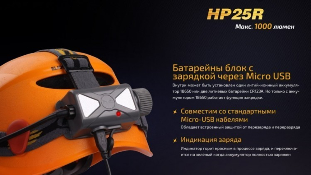 Фонарь светодиодный налобный Fenix HP25R, 1000 лм, аккумулятор*