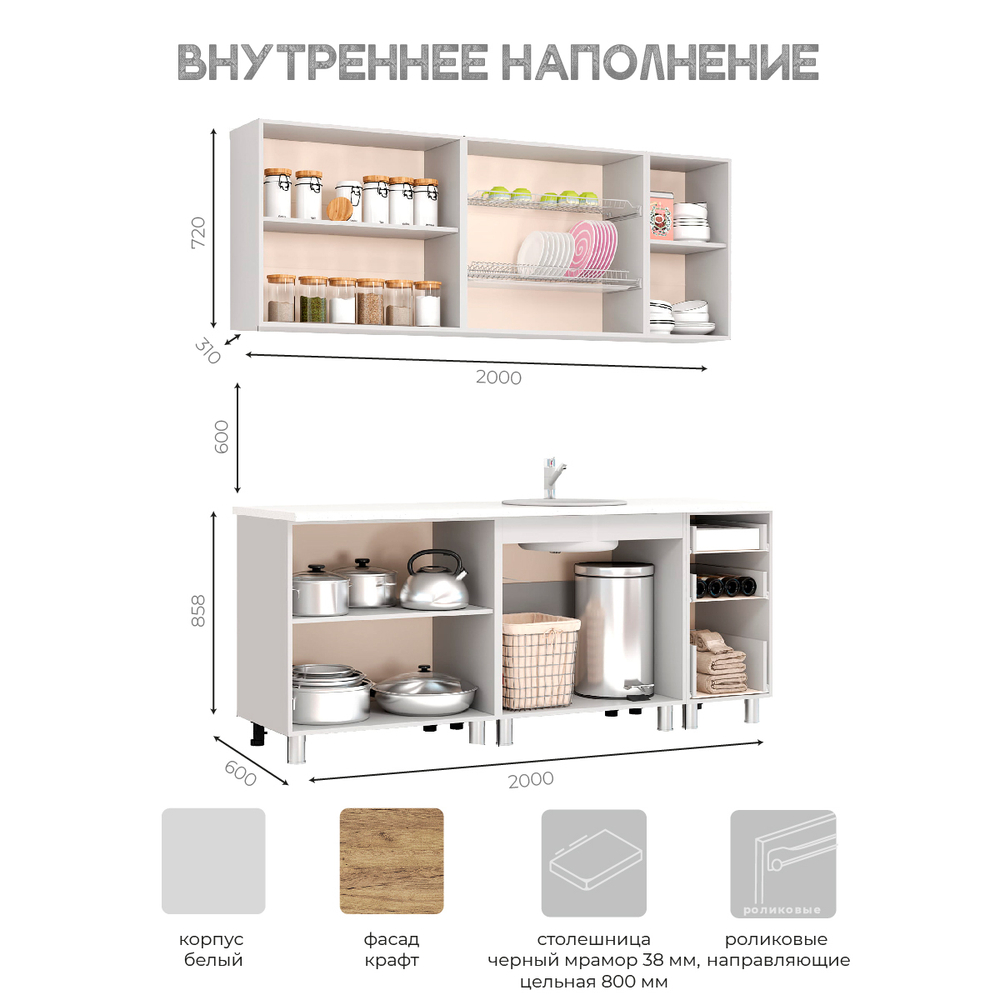 Кухня Крафт 2 м Крафт,белый корпус. Чёрный янтарь