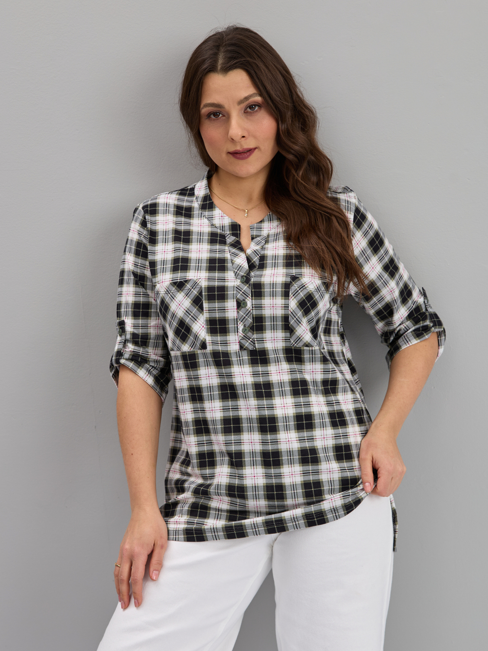 Блузка БЛ-131/хаки-клетка