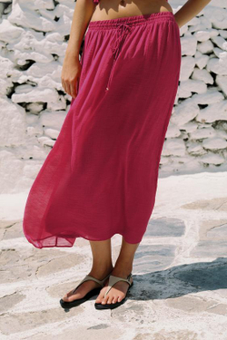 ZARA ЮБКА МИДИ С ПРОРЕЗИНЕННЫМ ПРИНТОМ, ФУКСИЯ