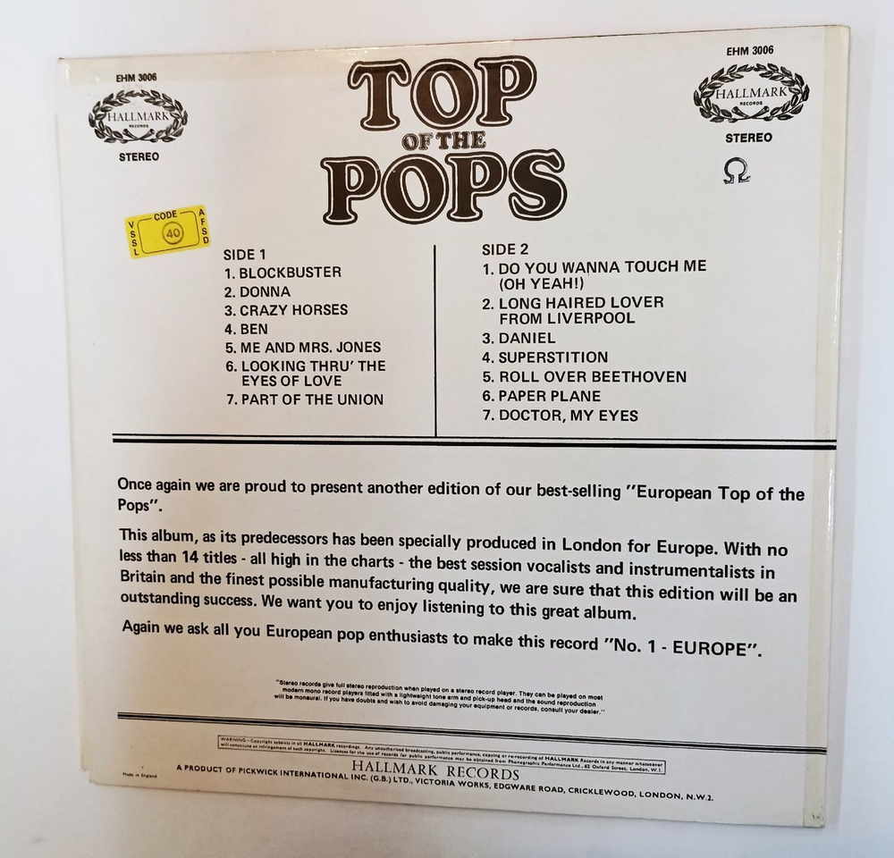 Винтажная виниловая пластинка LP Top Of The Pops European Edition Vol. 6 (UK 1973)