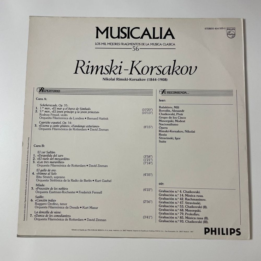 Винтажная виниловая пластинка LP Musicalia 56 Rimski Korsakov Н. А. Римский Корсаков Сборник (Испания 1987) Шехеразада, Сказка о царе Салтане