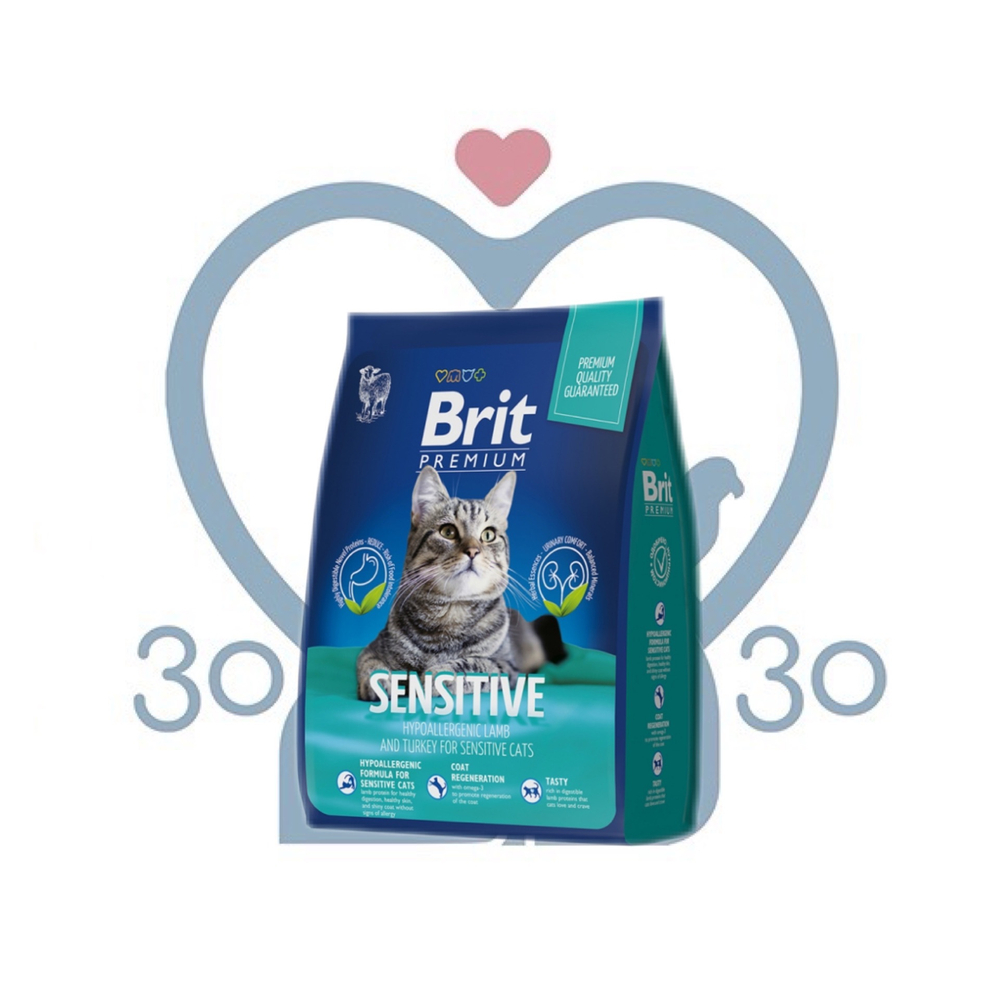 Brit Premium Корм сухой для взрослых кошек с чувствительным пищеварением с ягненком и индейкой Cat Sensitive, 8 кг