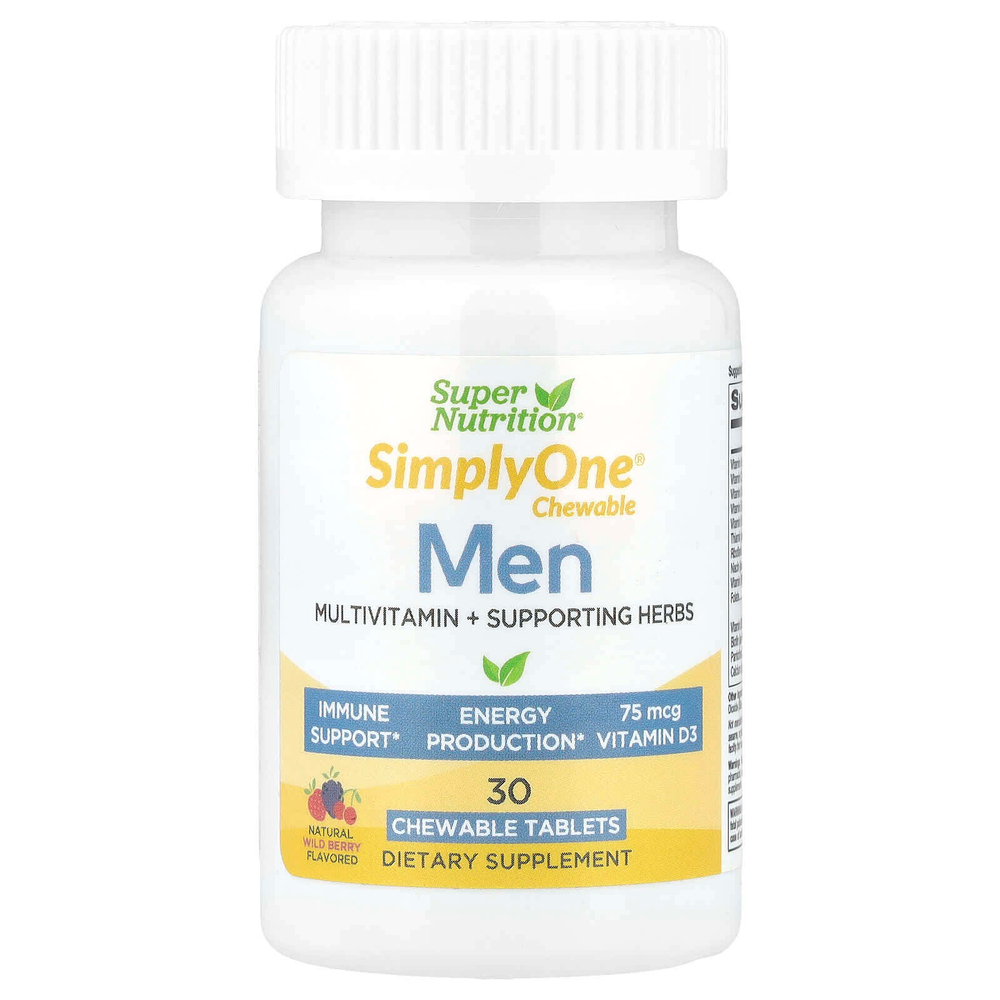 Super Nutrition, SimplyOne®, мультивитамины и поддерживающие травы для мужчин, с витаминами A и C, смесью органических цельных продуктов и растений, со вкусом лесных ягод, 30 жевательных таблеток