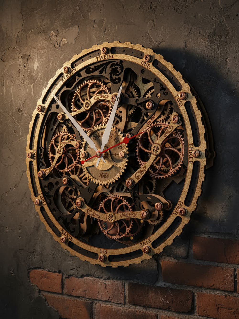 Часы WoodandRoot Automaton на тёмной стене с эффектом старения, подчёркнут массивный механизм и движущиеся шестерни