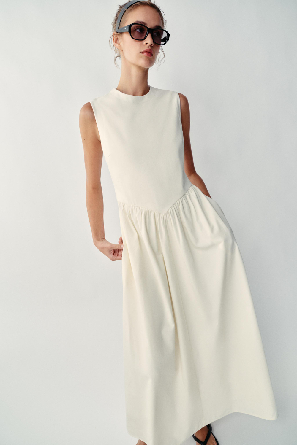 ZARA КОМБИНИРОВАННОЕ ПЛАТЬЕ МИДИ, ЭКРЮ