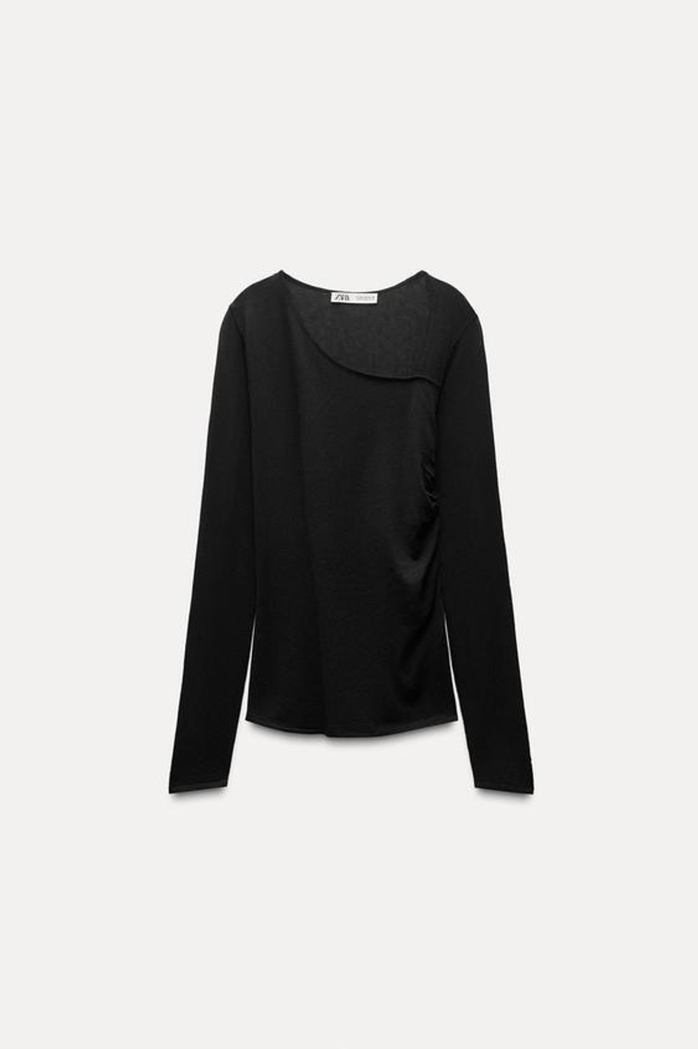 ZARA ТРИКОТАЖНЫЙ ТОП СО СБОРКАМИ ПО БОКАМ, ЧЕРНЫЙ