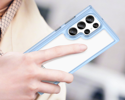 Противоударный чехол c мягкими рамками синего цвета для Samsung Galaxy S22 Ultra, мягкий отклик кнопок