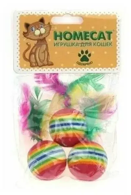 HOMECAT Игрушка для кошек Мячи радужные с пером (3 шт), d=3.5 см