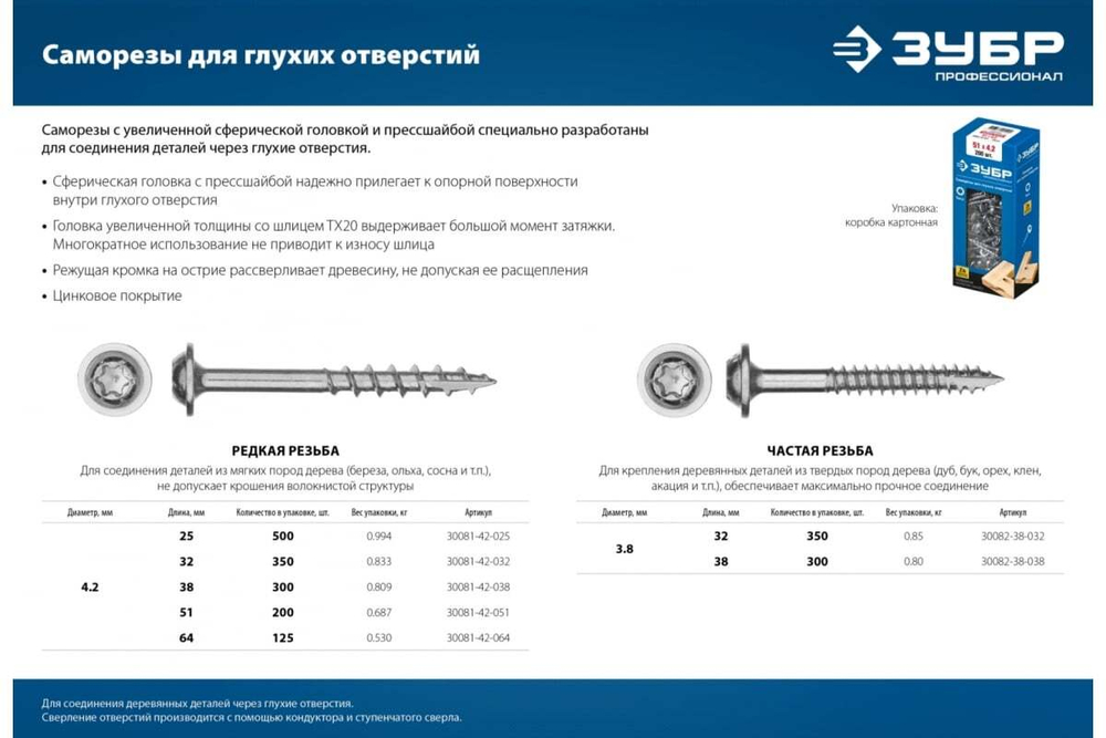 ЗУБР  38 х 3.8 мм, частая резьба, саморез для глухих отверстий, цинк, 300 шт (30082-38-038)